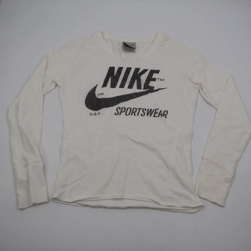 Nike Sportswear Top Womens Small Off-White Y2K Vintage Long Sleeve Logo H6LMS